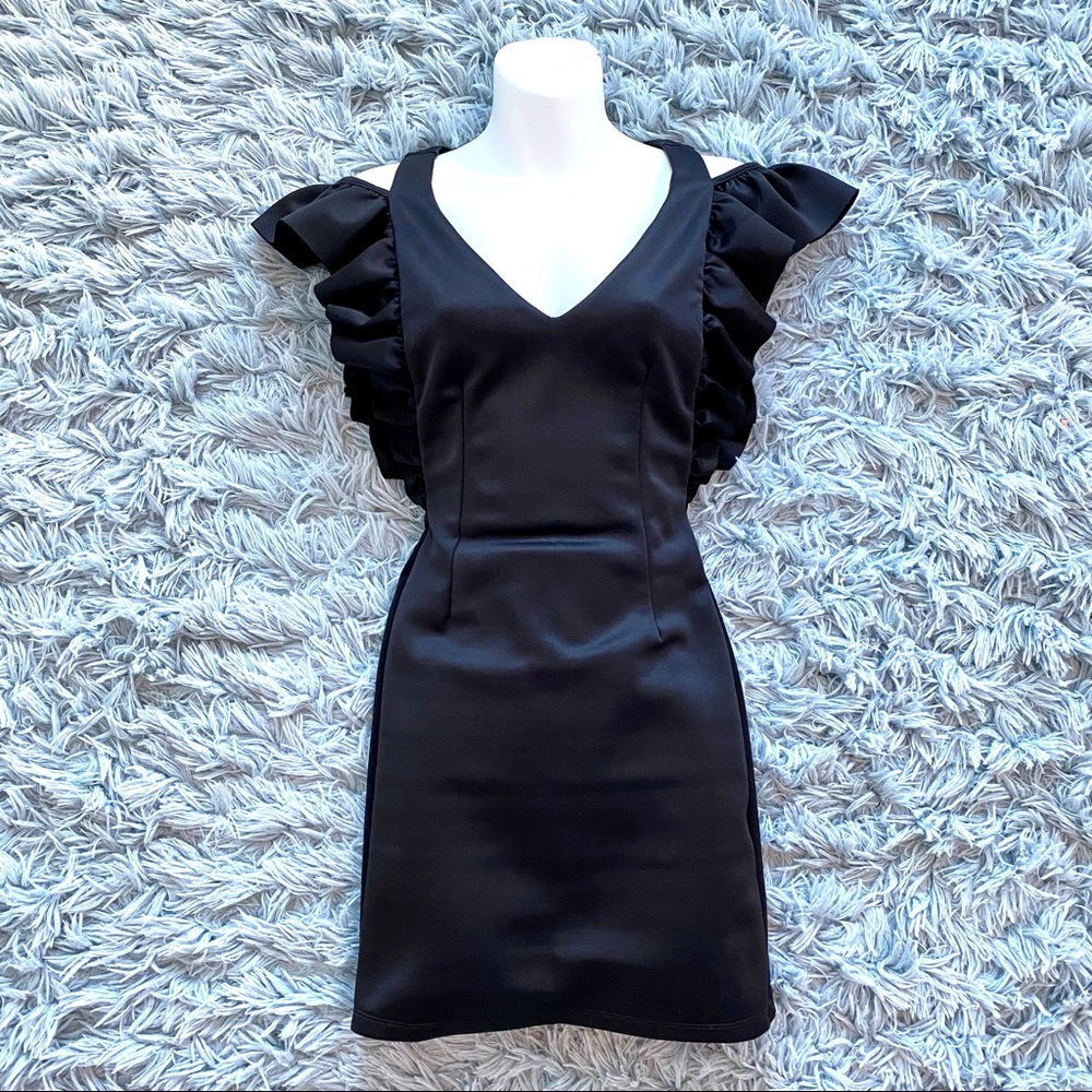 Arden B Thick Material Bodycon Ruffle Open Shoulder Mini Black Dress Glamour